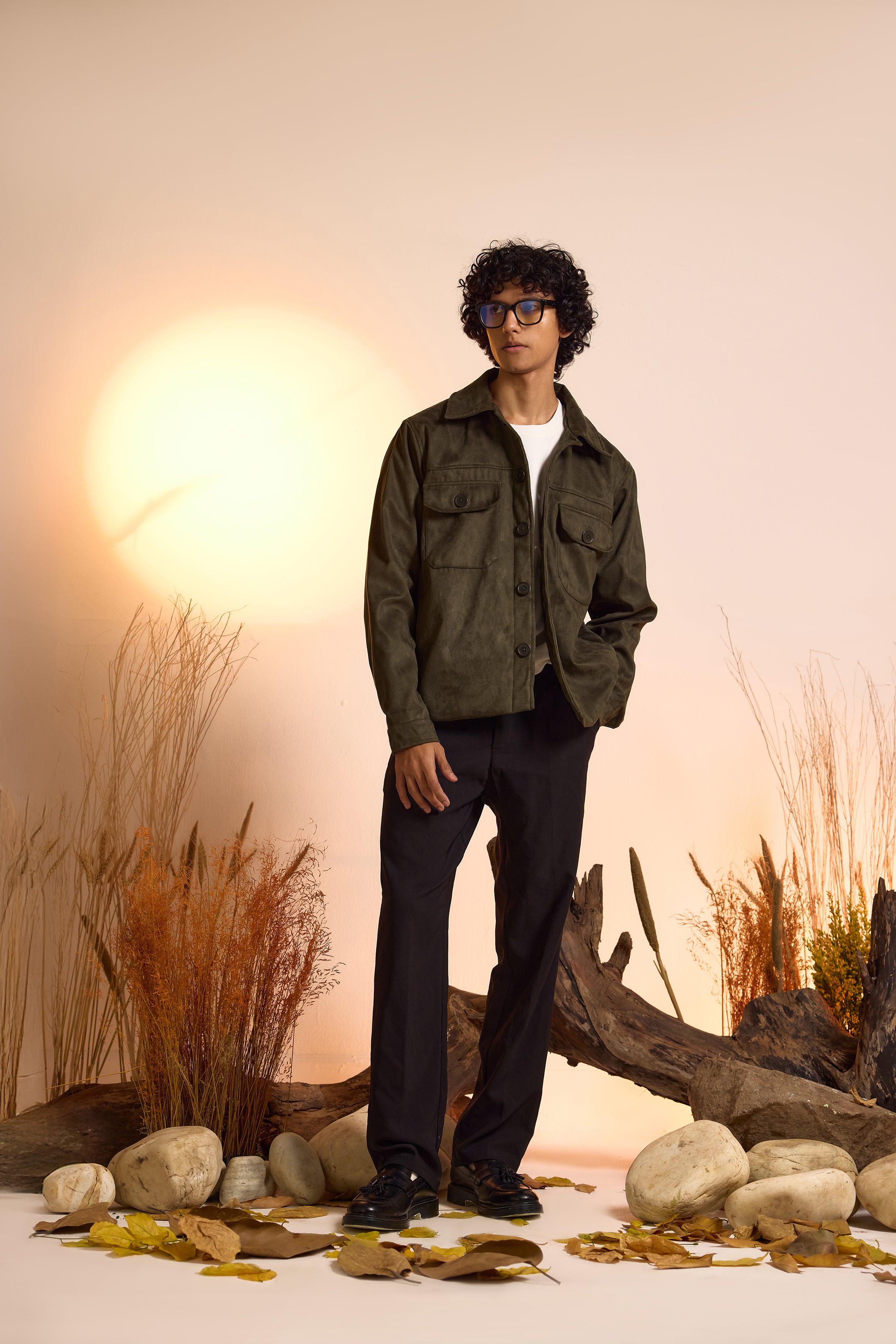 Suede Utility Oversized Jacket-Olive Green-Men