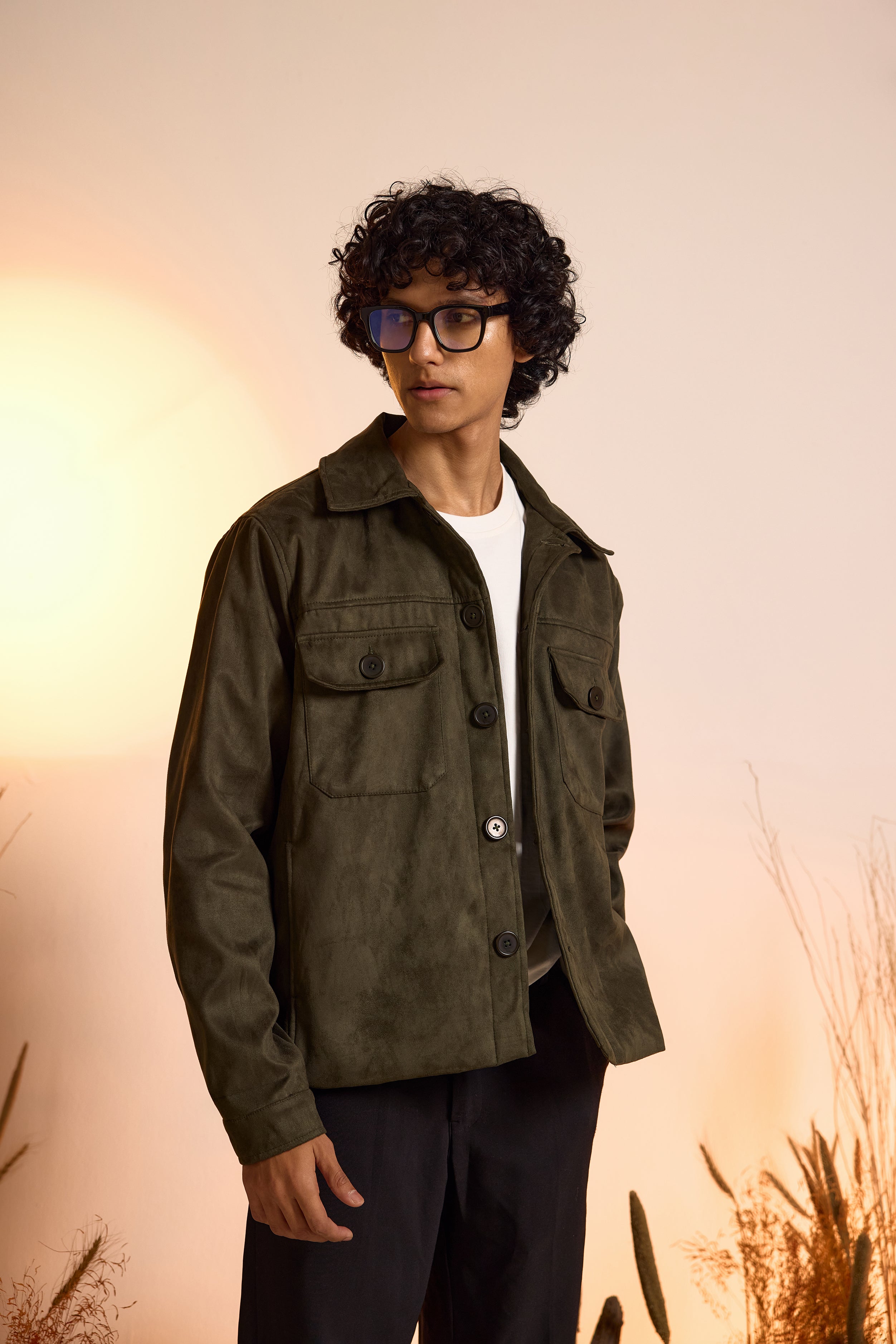 Suede Utility Oversized Jacket-Olive Green-Men