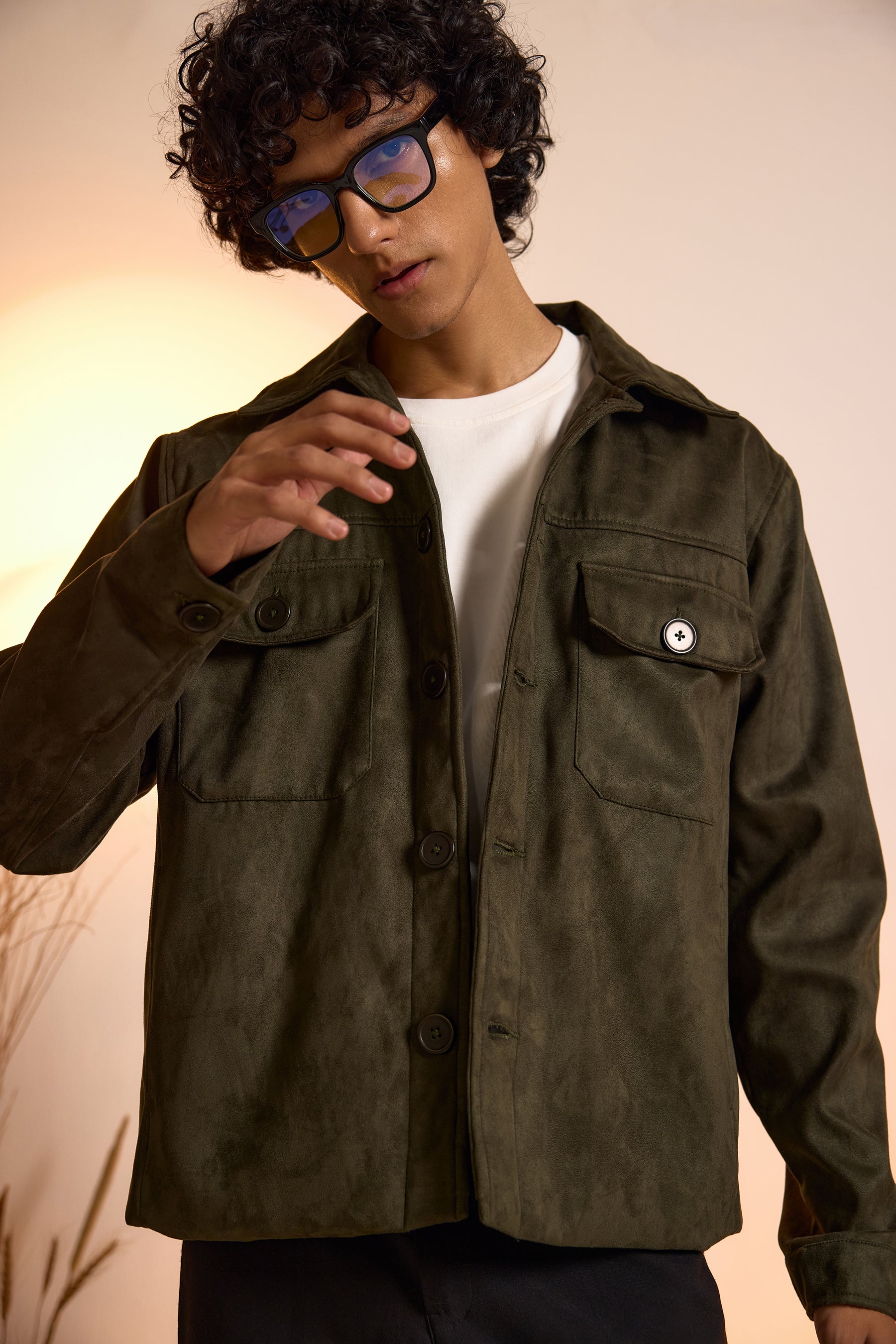 Shop Olive Green Suede Utility Oversized Jacket for Men