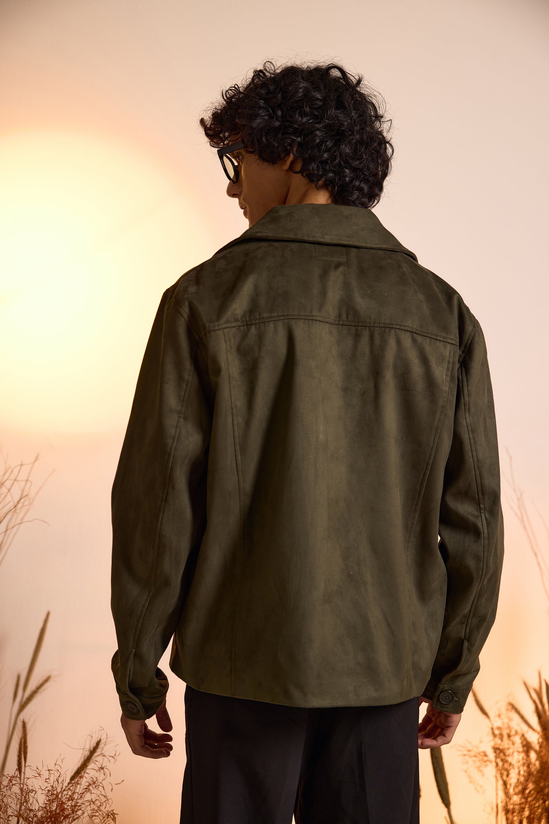 Suede Utility Oversized Jacket-Olive Green