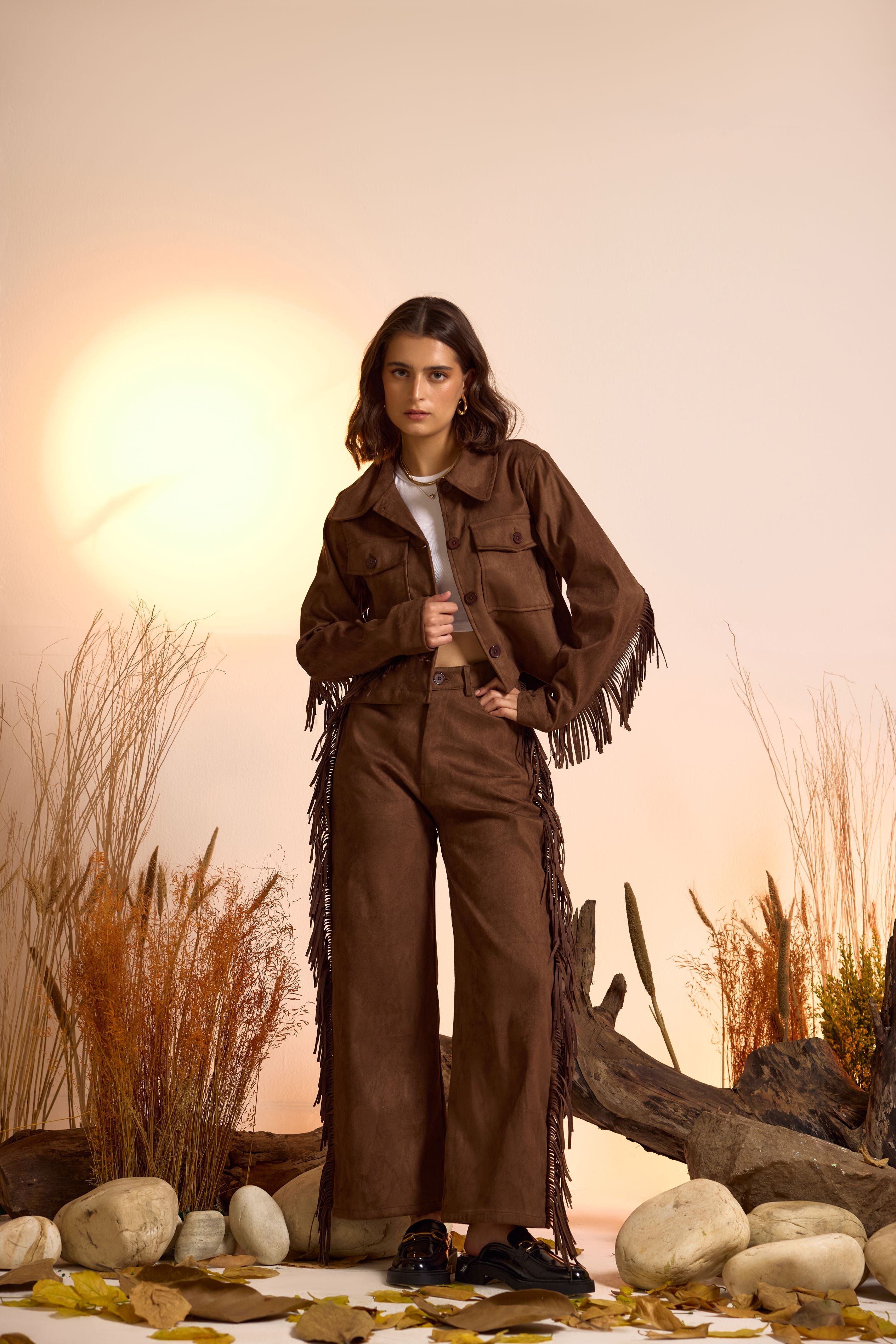 Fringe-Detailed Jacket & Straight Fit Pant Set