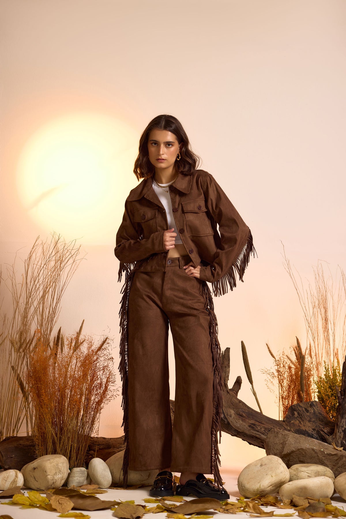 Fringe-Detailed Jacket & Straight Fit Pant Set