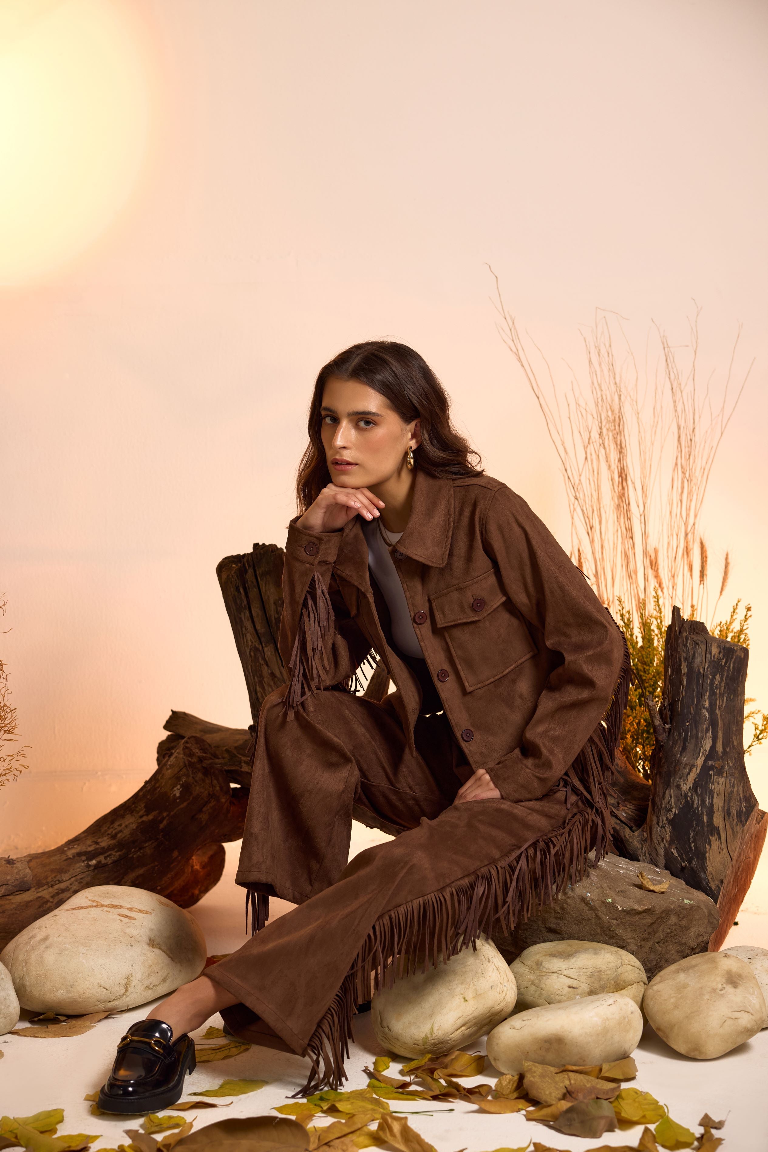 Fringe-Detailed Jacket & Straight Fit Pant Set