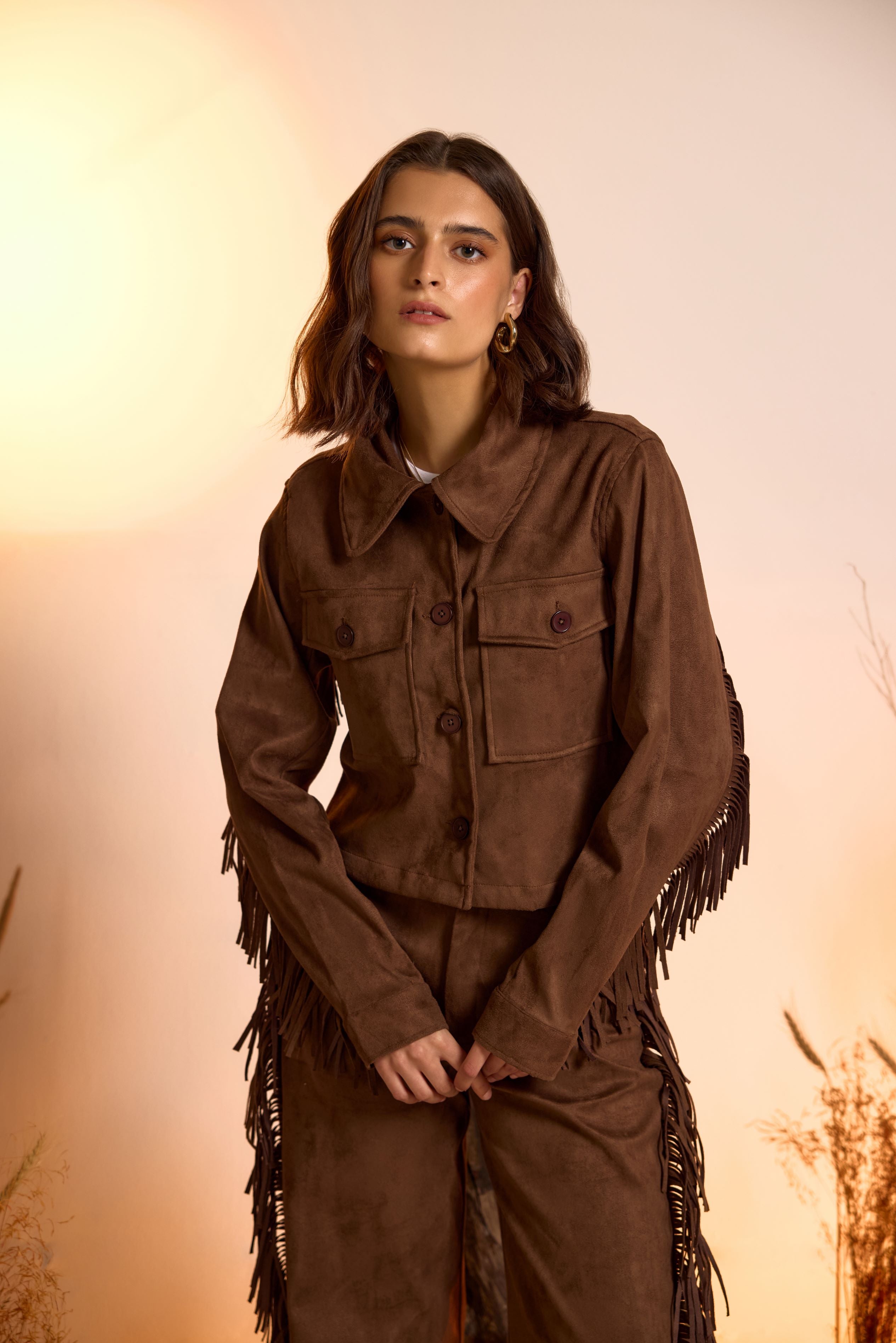 Fringe-Detailed Jacket & Straight Fit Pant Set