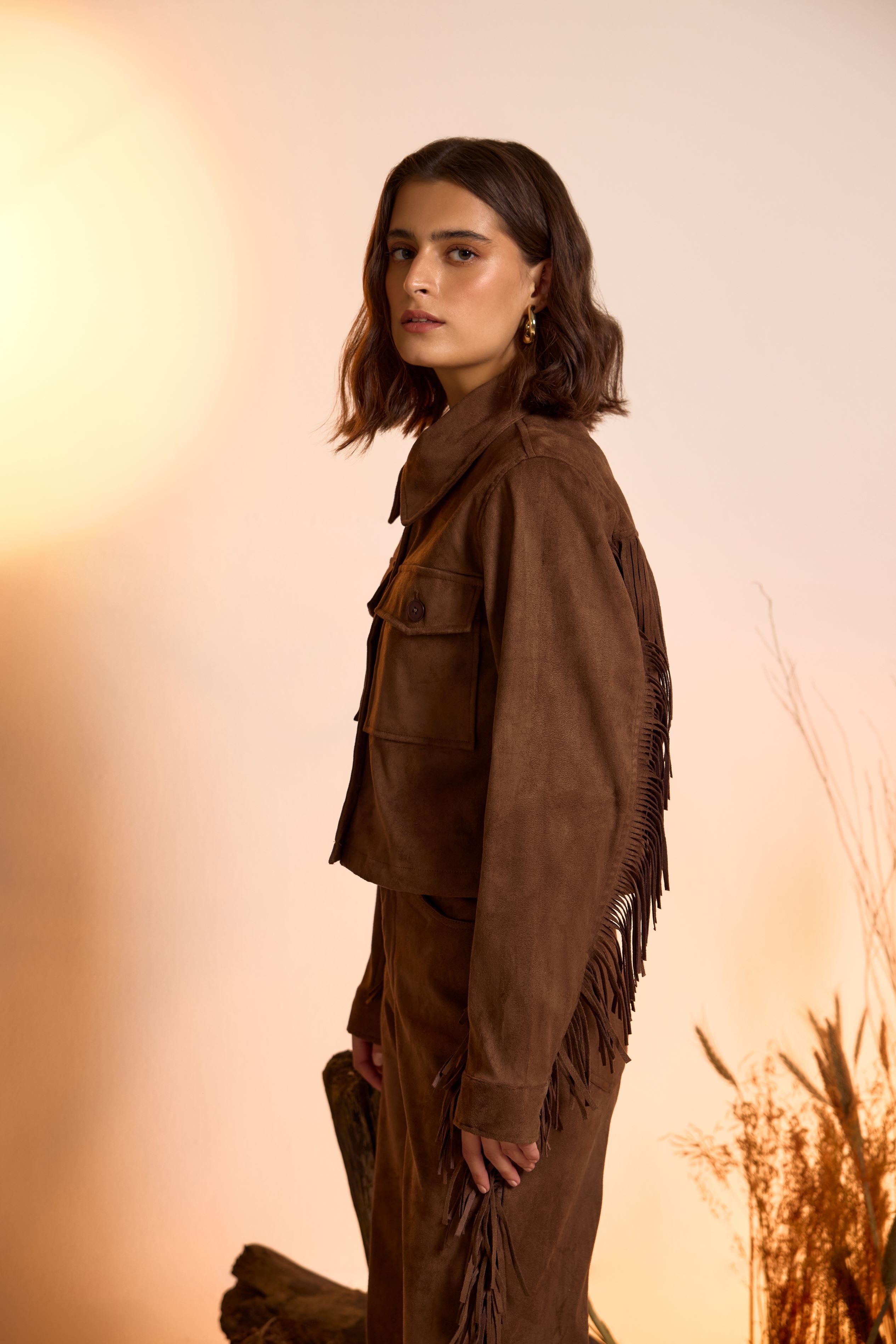 Fringe-Detailed Jacket & Straight Fit Pant Set