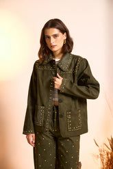 Suede Luxe Studded Jacket-Dark Olive Green