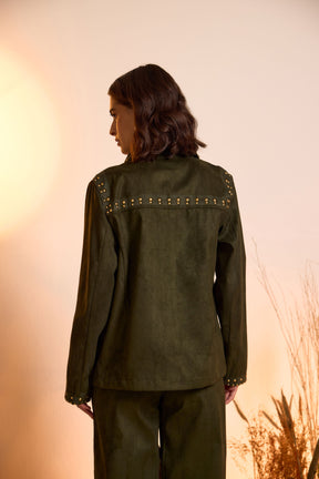 Suede Luxe Studded Jacket-Dark Olive Green