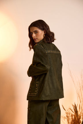 Suede Luxe Studded Jacket-Dark Olive Green