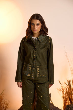 Suede Luxe Studded Jacket-Dark Olive Green