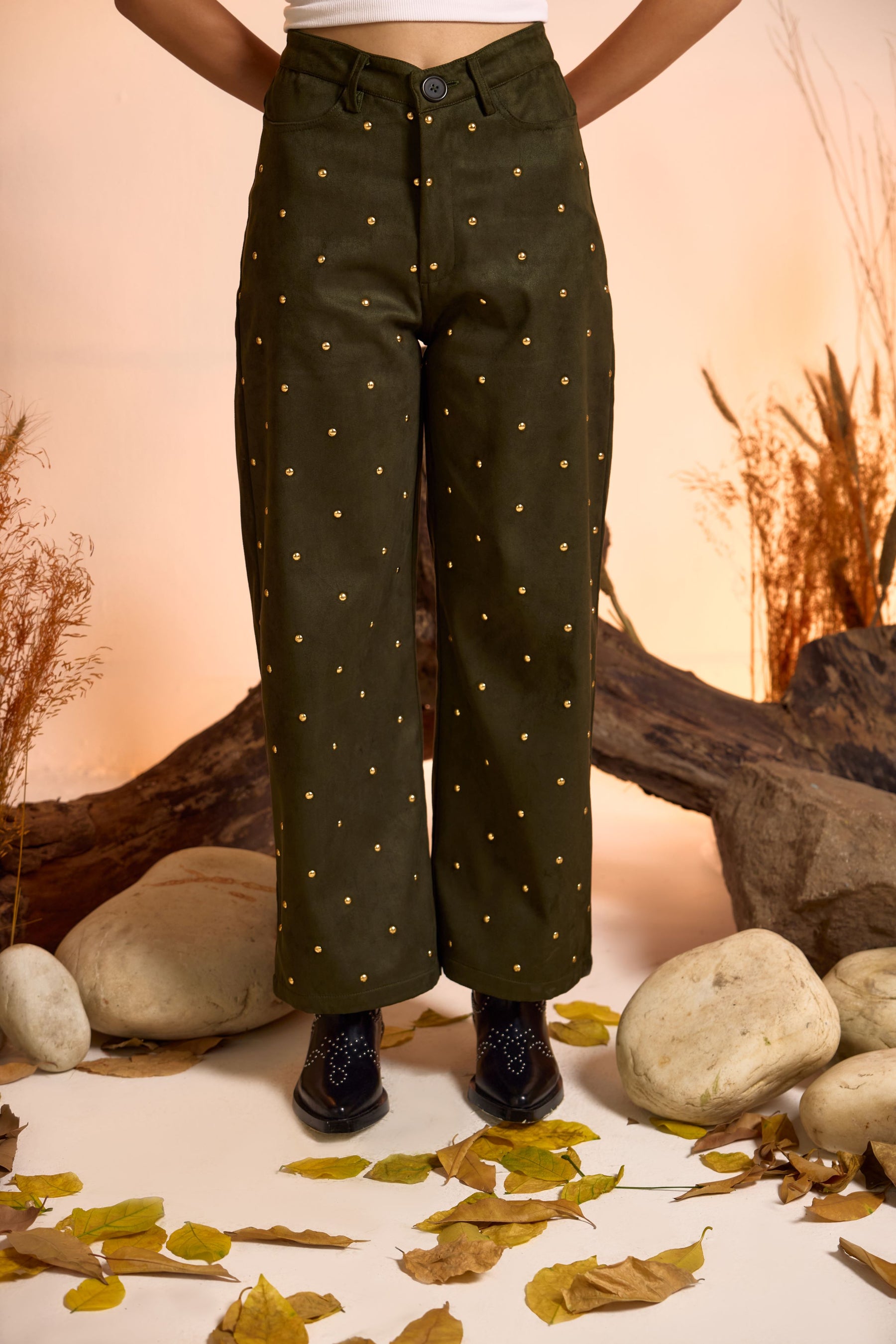 Suede Luxe Studded Pant- Dark Olive Green