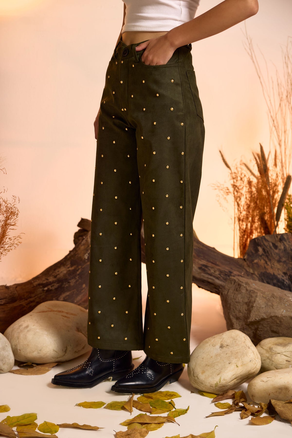 Suede Luxe Studded Pant- Dark Olive Green