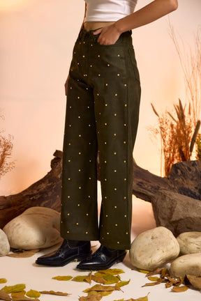 Suede Luxe Studded Pant- Dark Olive Green