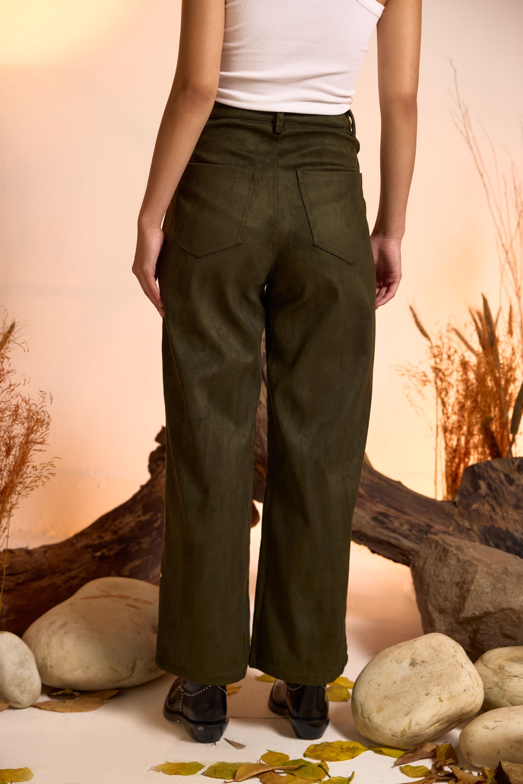 Suede Luxe Studded Pant- Dark Olive Green