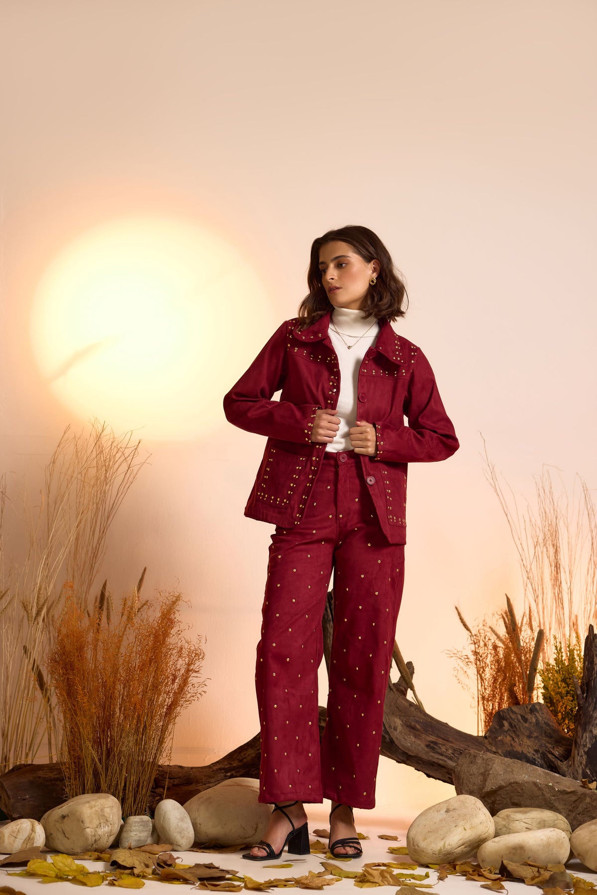 Suede Luxe Studded Jacket & Pant Set-Wine Red