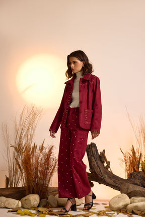 Suede Luxe Studded Jacket & Pant Set-Wine Red