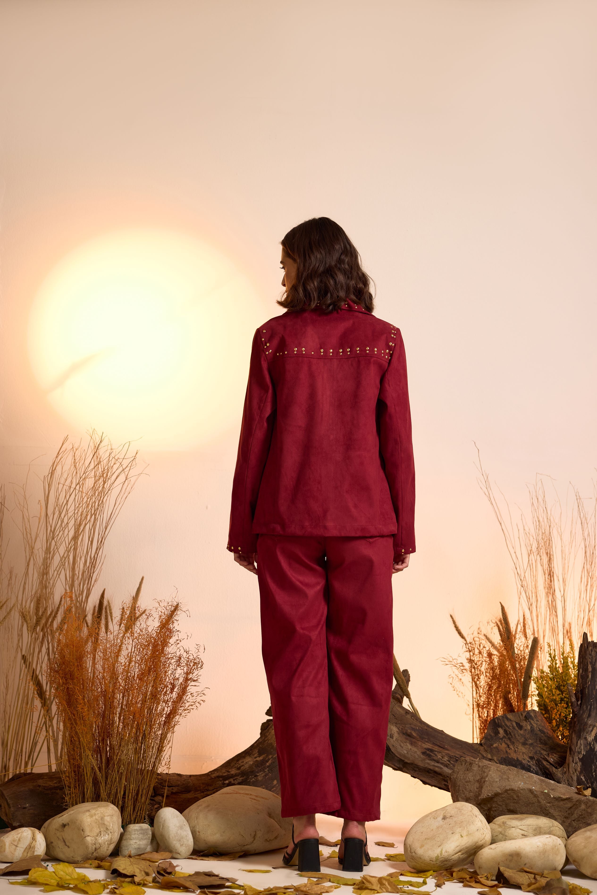Suede Luxe Studded Jacket-Wine Red