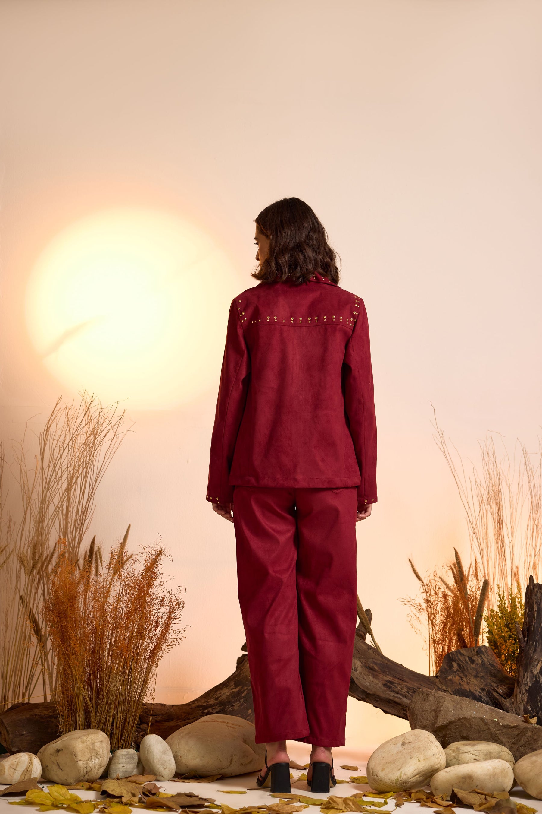 Suede Luxe Studded Jacket & Pant Set-Wine Red