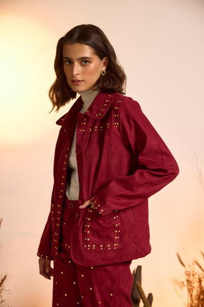 Suede Luxe Studded Jacket & Pant Set-Wine Red