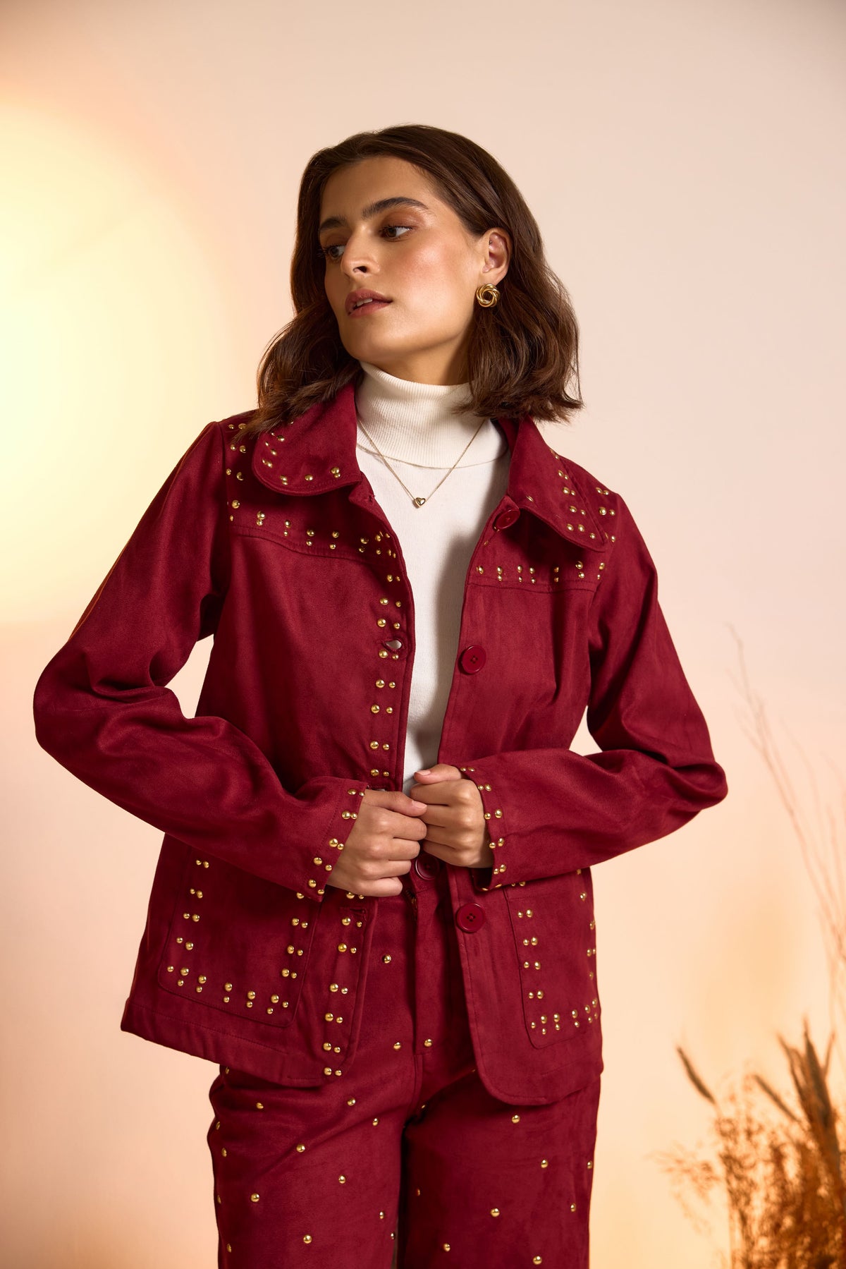 Suede Luxe Studded Jacket-Wine Red