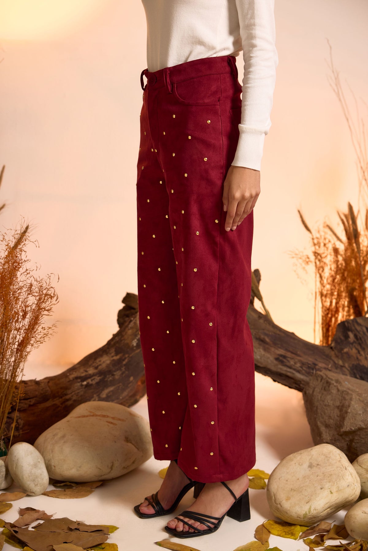 Suede Luxe Studded Pant-Wine Red