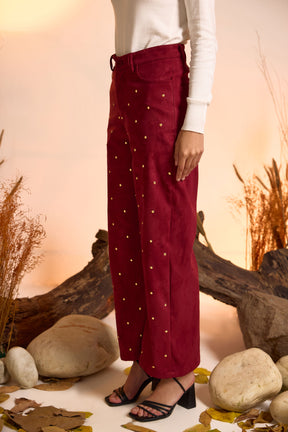 Suede Luxe Studded Jacket & Pant Set-Wine Red