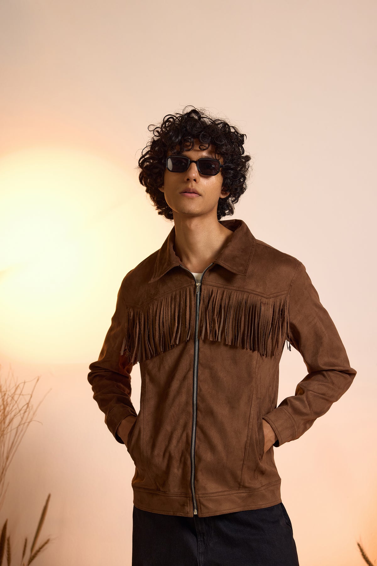 Fringe Relaxed Fit Suede Jacket-Brown-Men