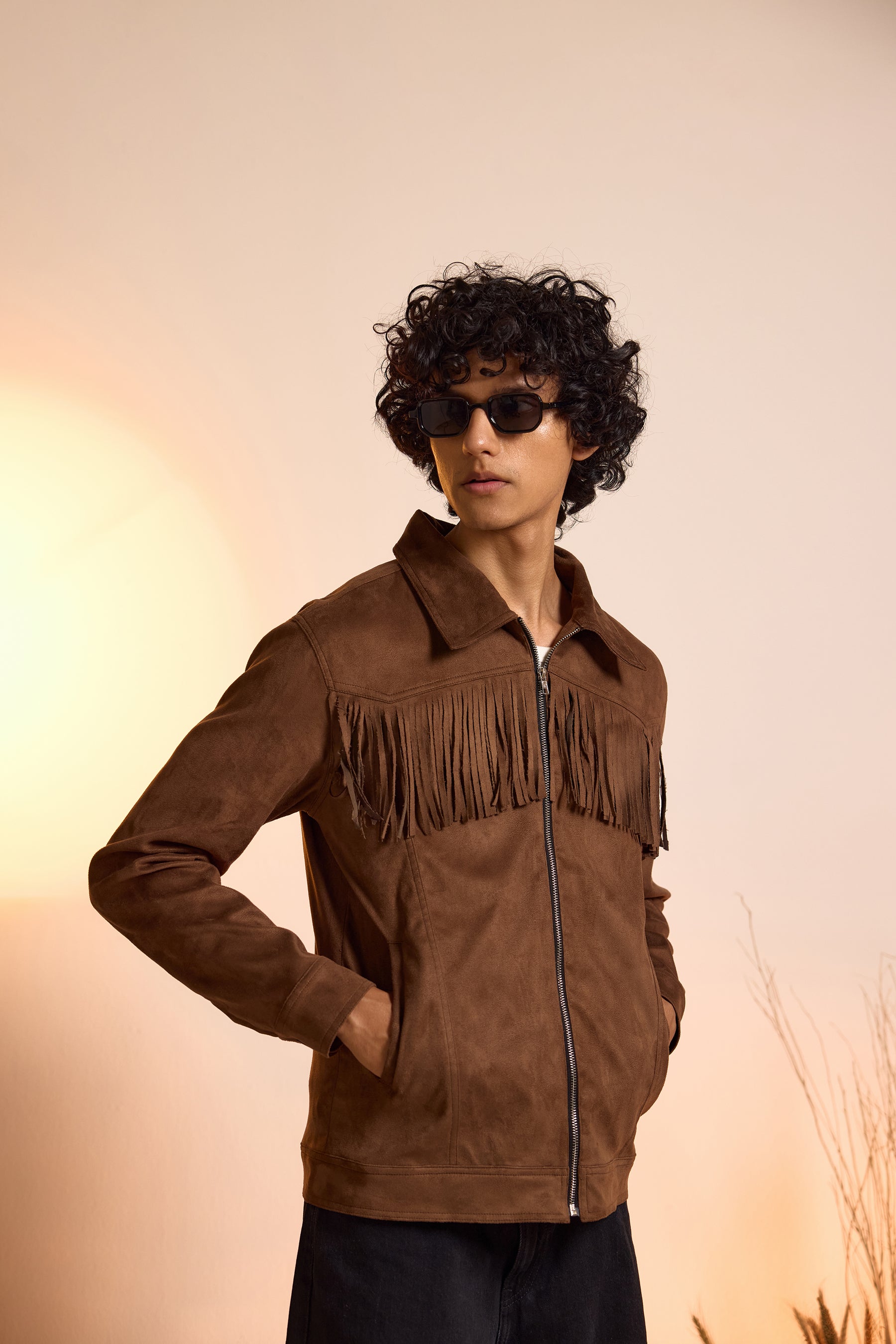 Fringe Relaxed Fit Suede Men's Jacket-Brown