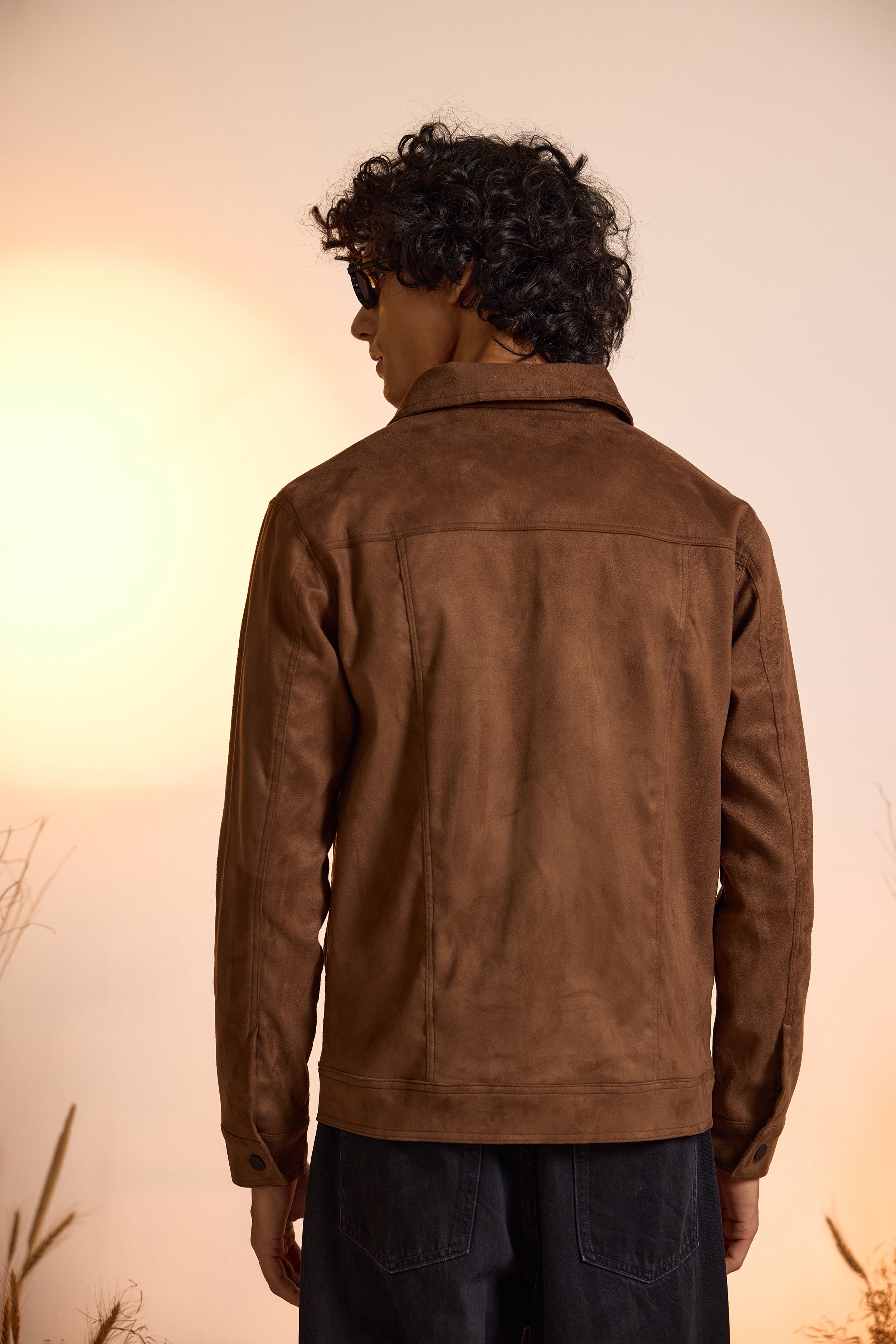 Fringe Relaxed Fit Suede Jacket-Brown-Men