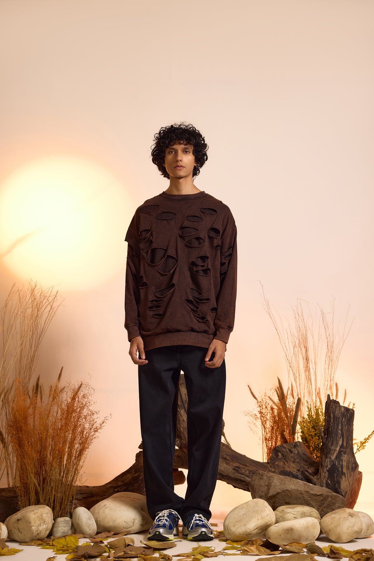 Distressed Brown Acid Wash Sweatshirt with Ripped Detailing-Men