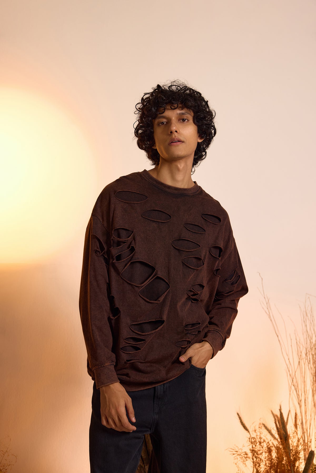 Distressed Brown Acid Wash Sweatshirt with Ripped Detailing-Men