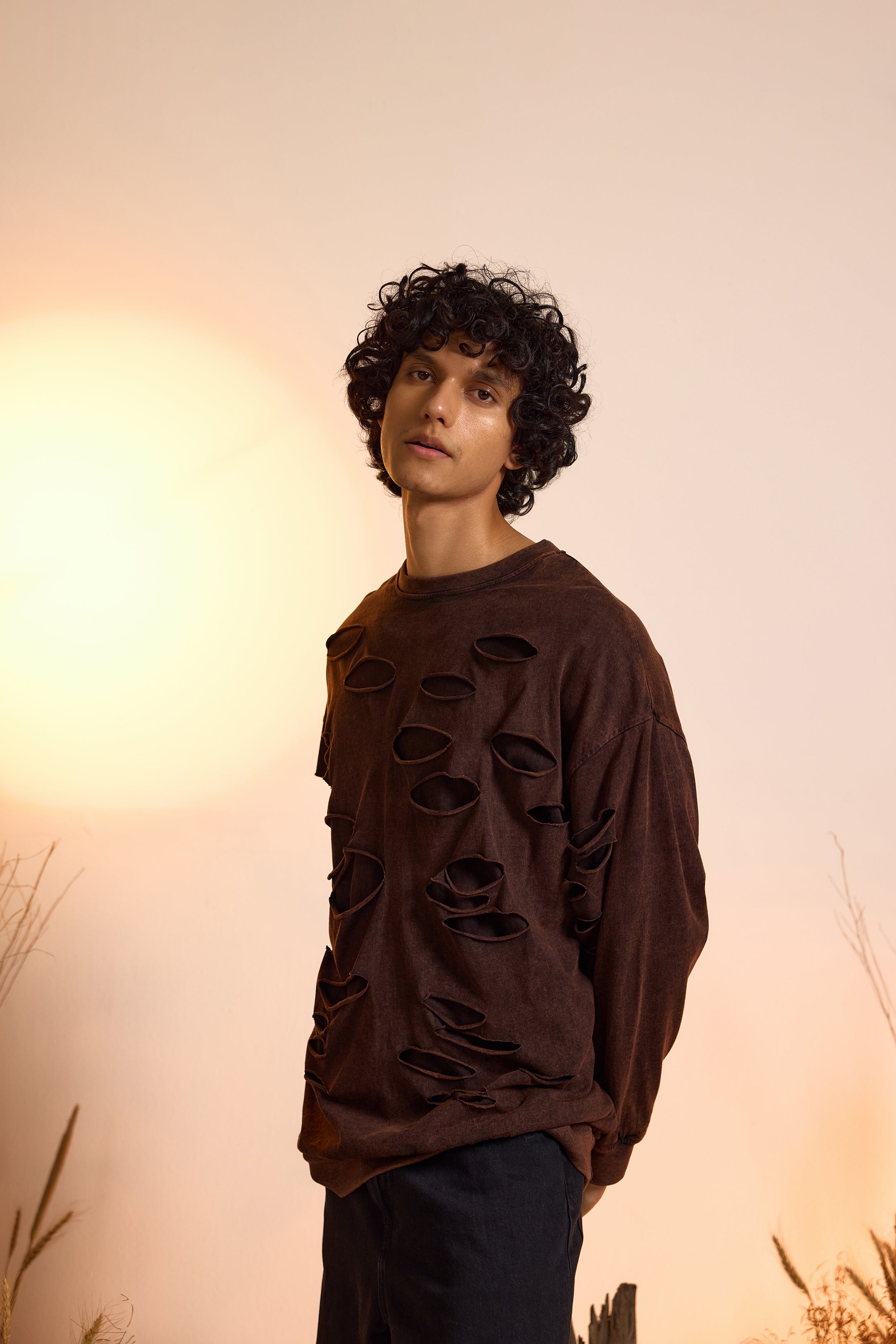 Distressed Brown Acid Wash Sweatshirt with Ripped Detailing-Men