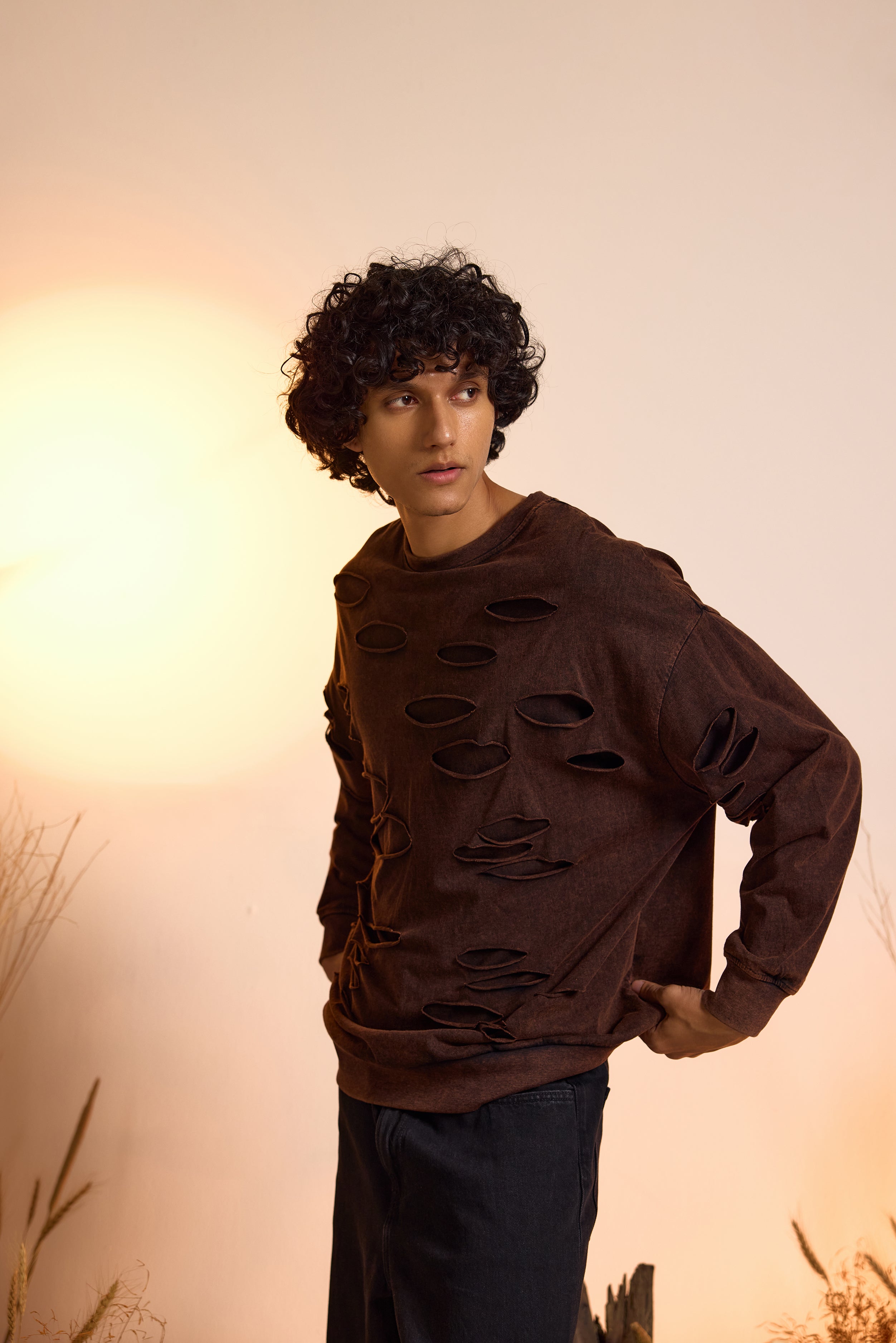 Distressed Brown Acid Wash Sweatshirt with Ripped Detailing-Men