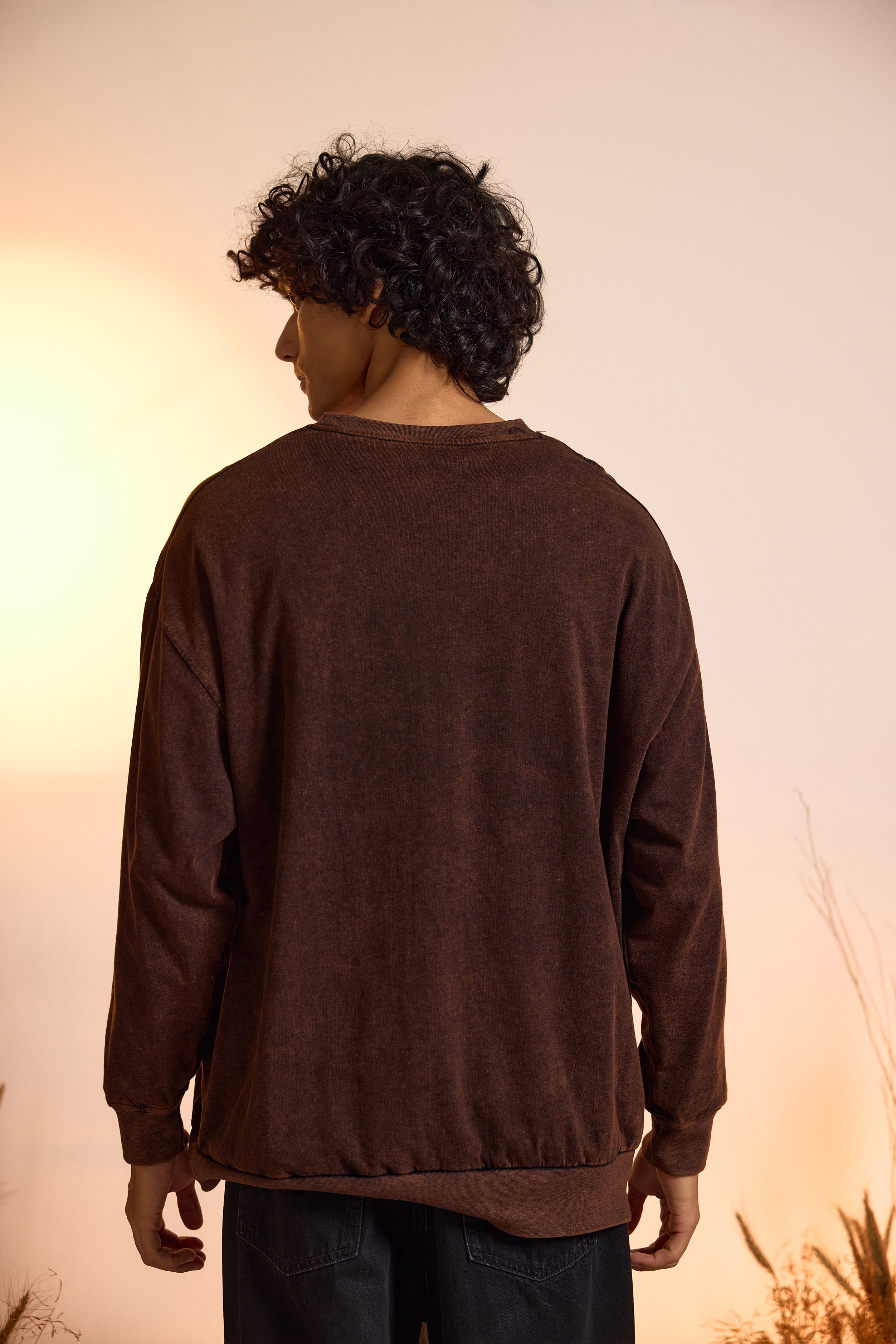 Distressed Brown Acid Wash Sweatshirt with Ripped Detailing-Men