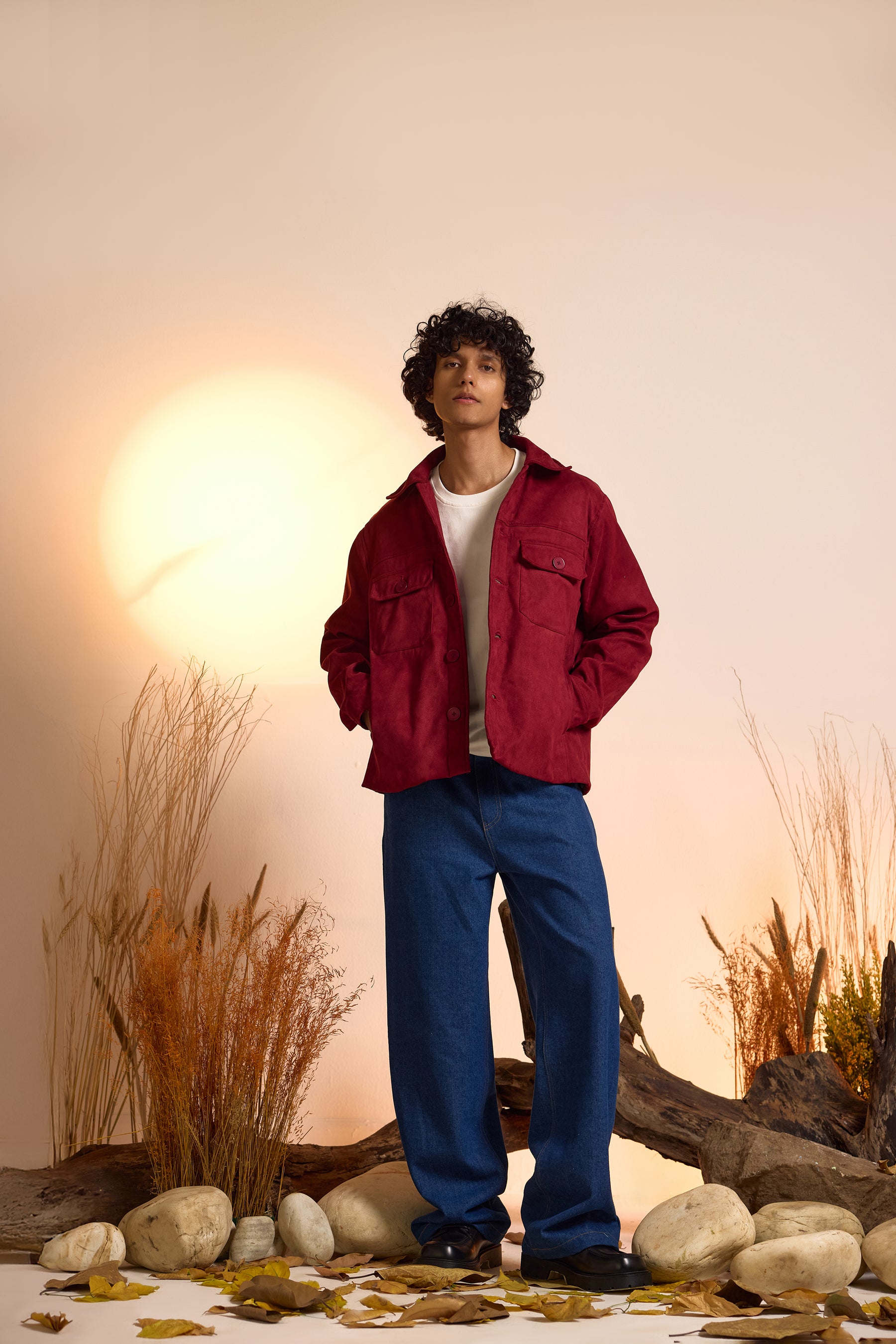 Suede Utility Oversized Jacket-Wine Red