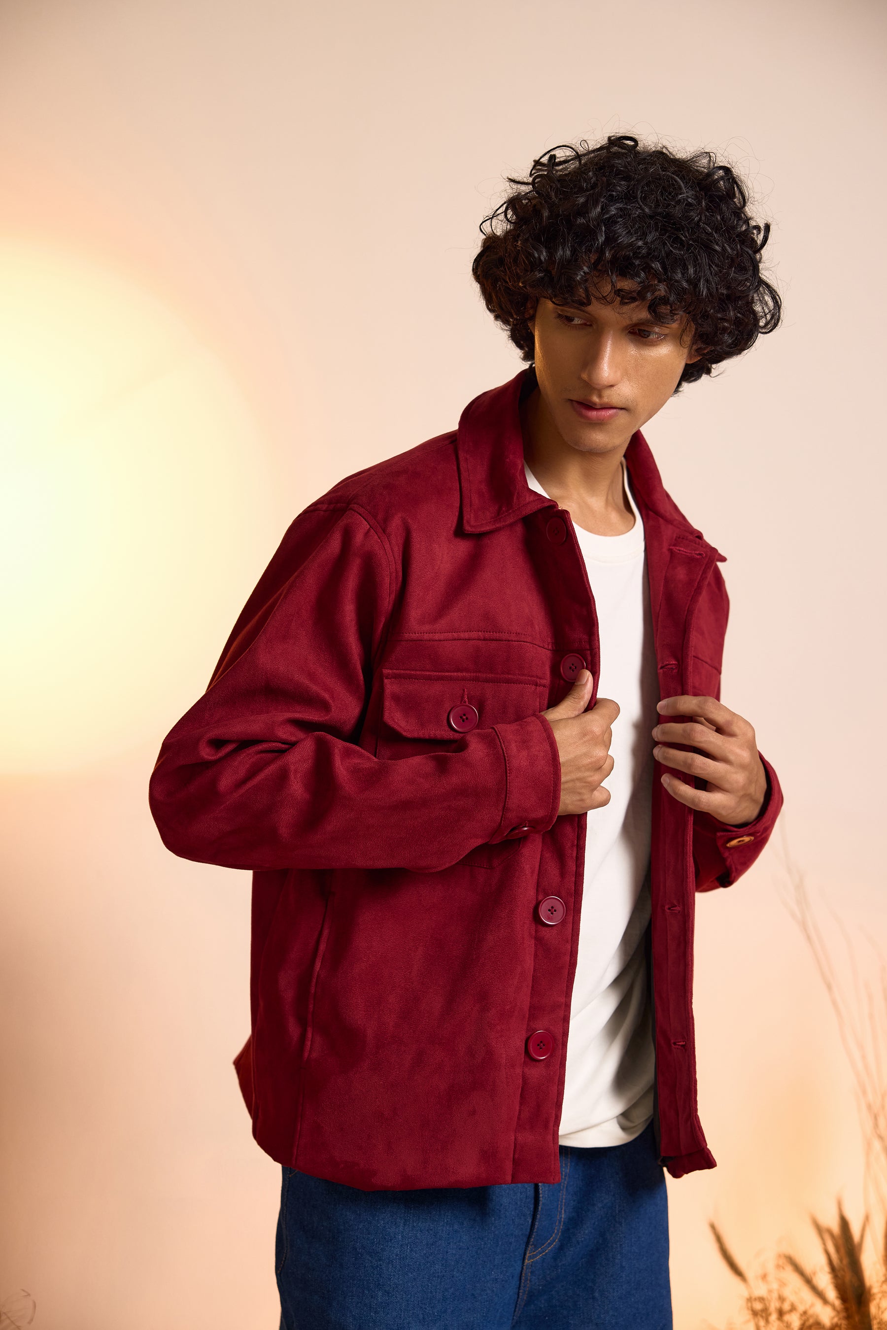 Suede Utility Oversized Jacket-Wine Red