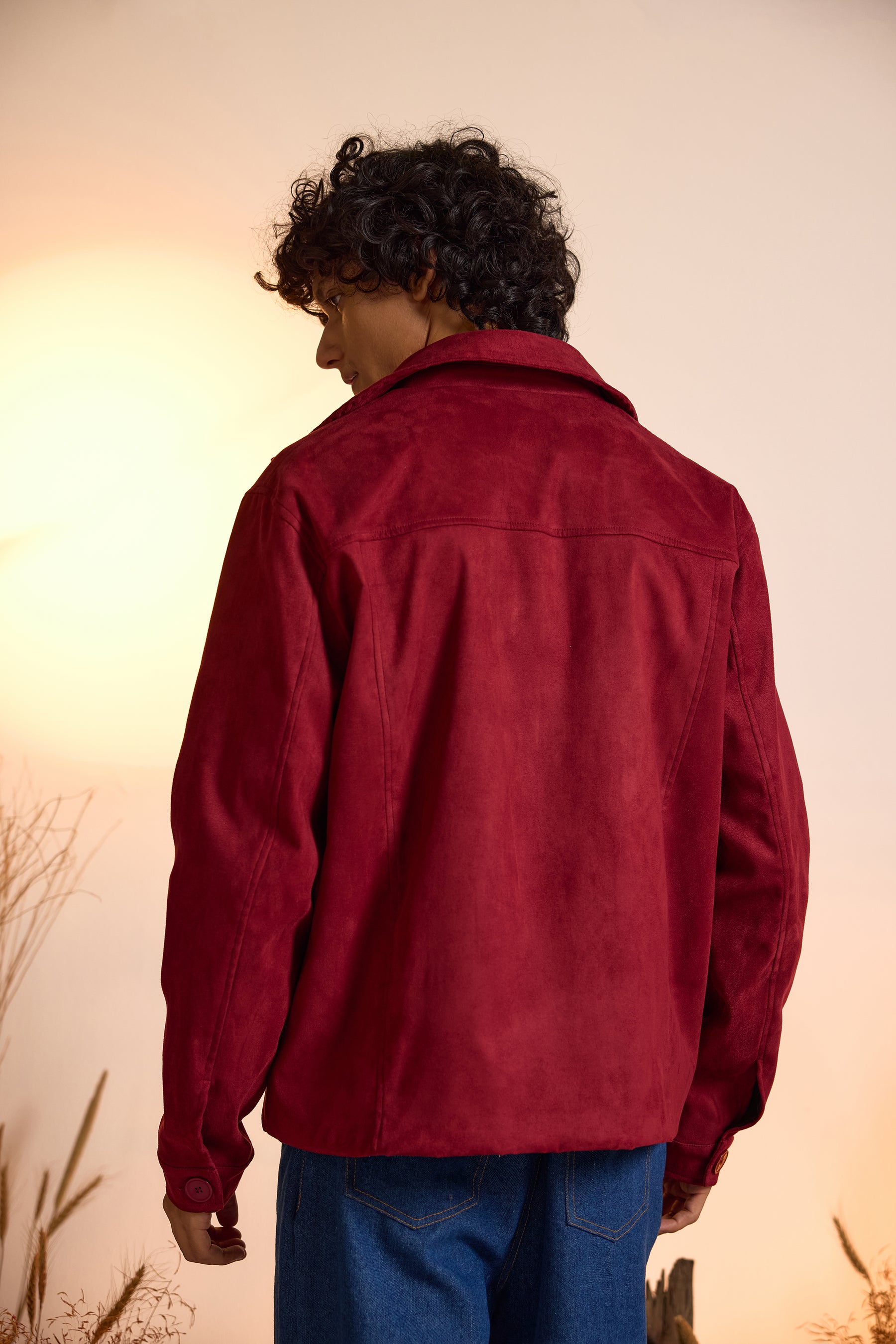 Suede Utility Oversized Jacket-Wine Red