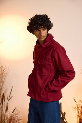 Suede Utility Oversized Jacket-Wine Red