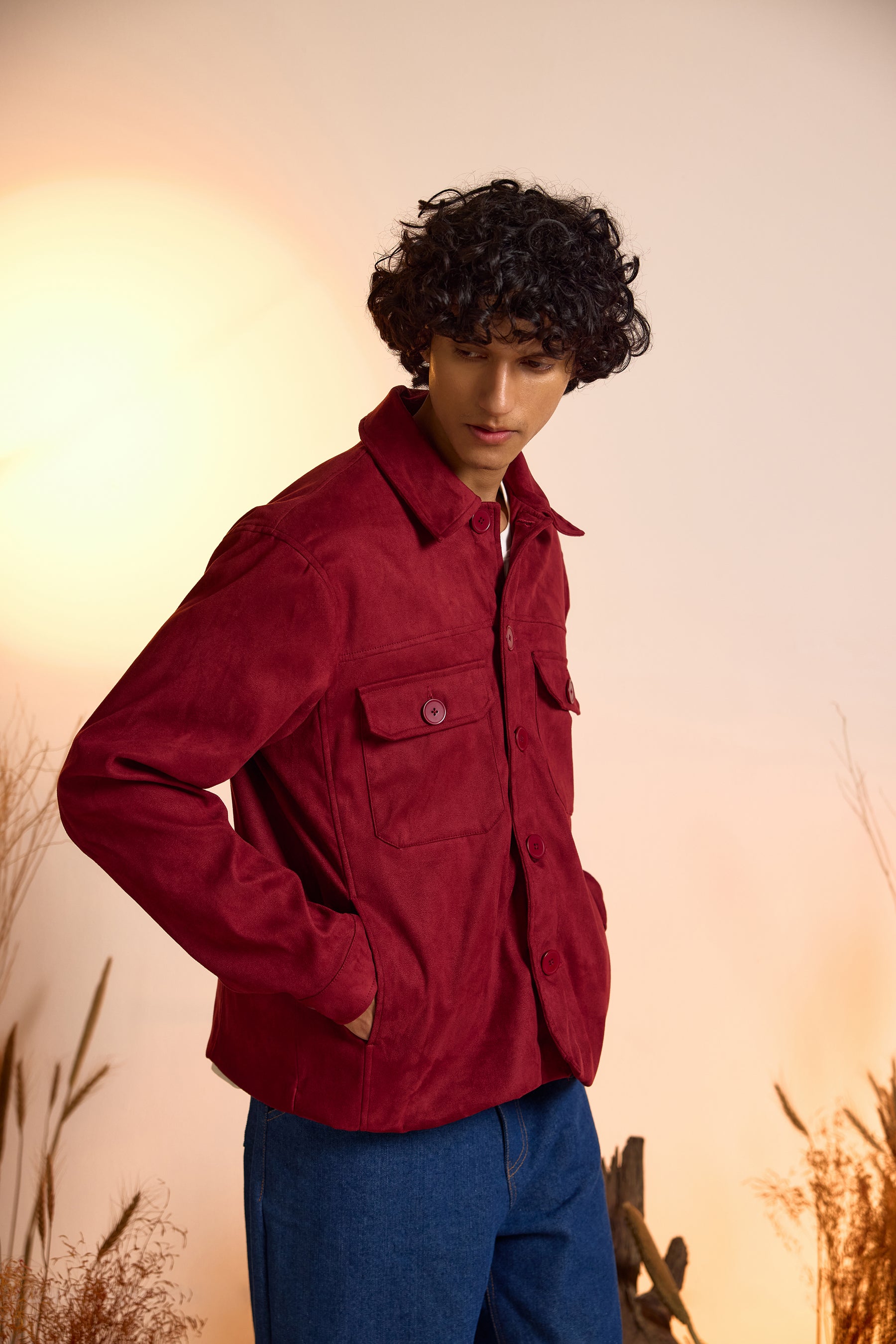 Suede Utility Oversized Jacket-Wine Red