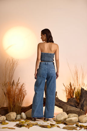 Corsage Detail Denim Corset Top & Jeans Set