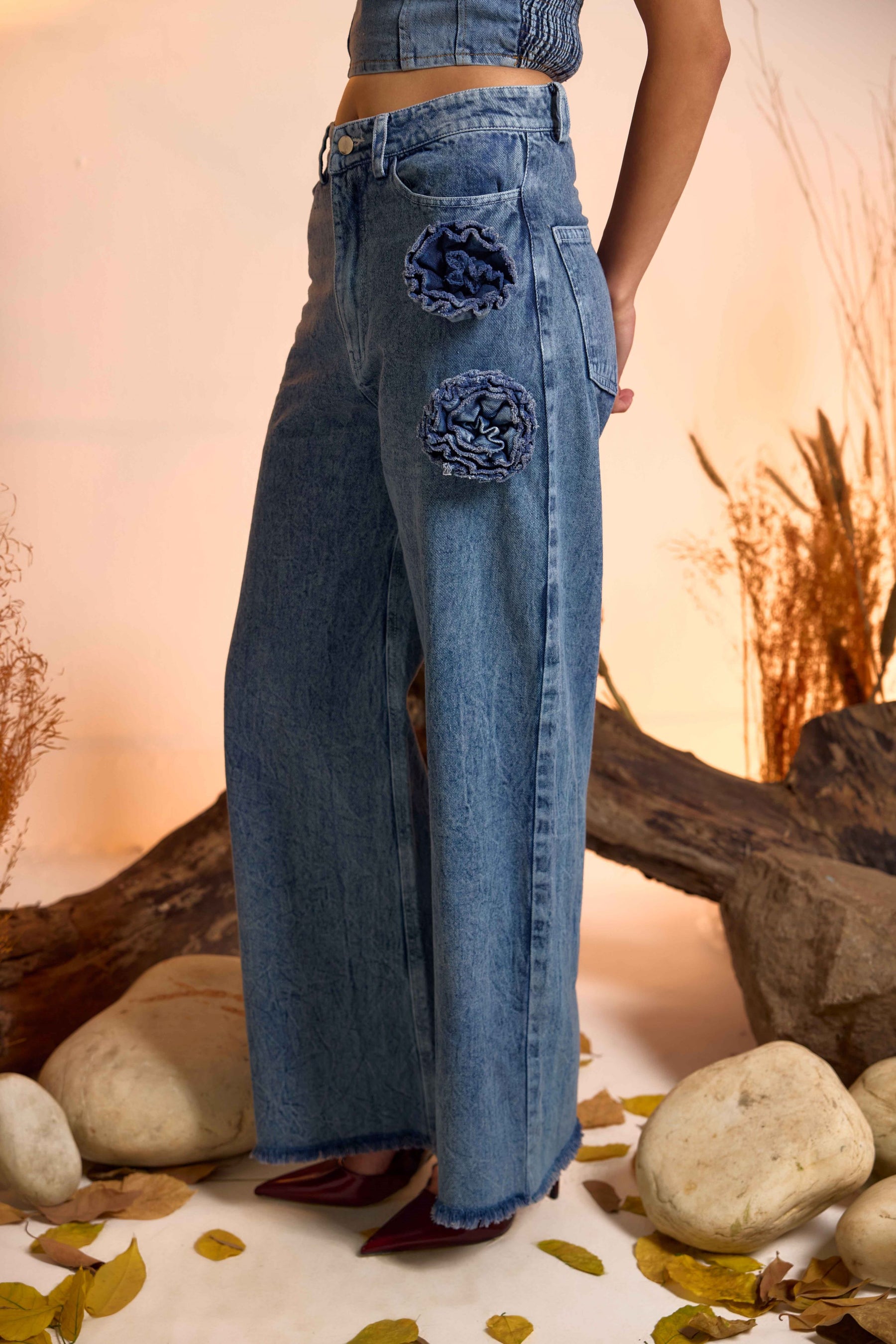 Corsage Detail Denim Corset Top & Jeans Set