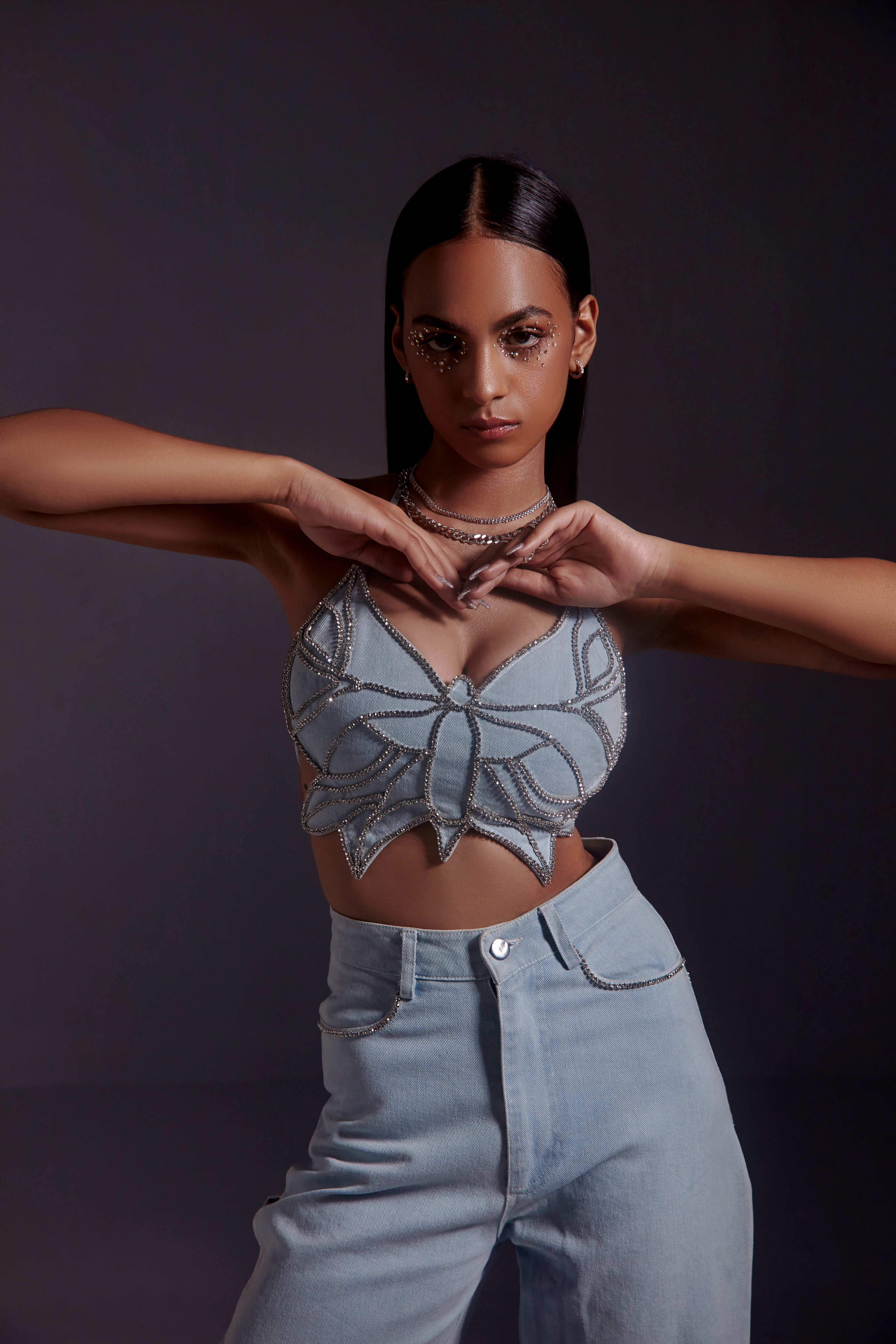 Butterfly Rhinestone Embellished Top and Jeans Set