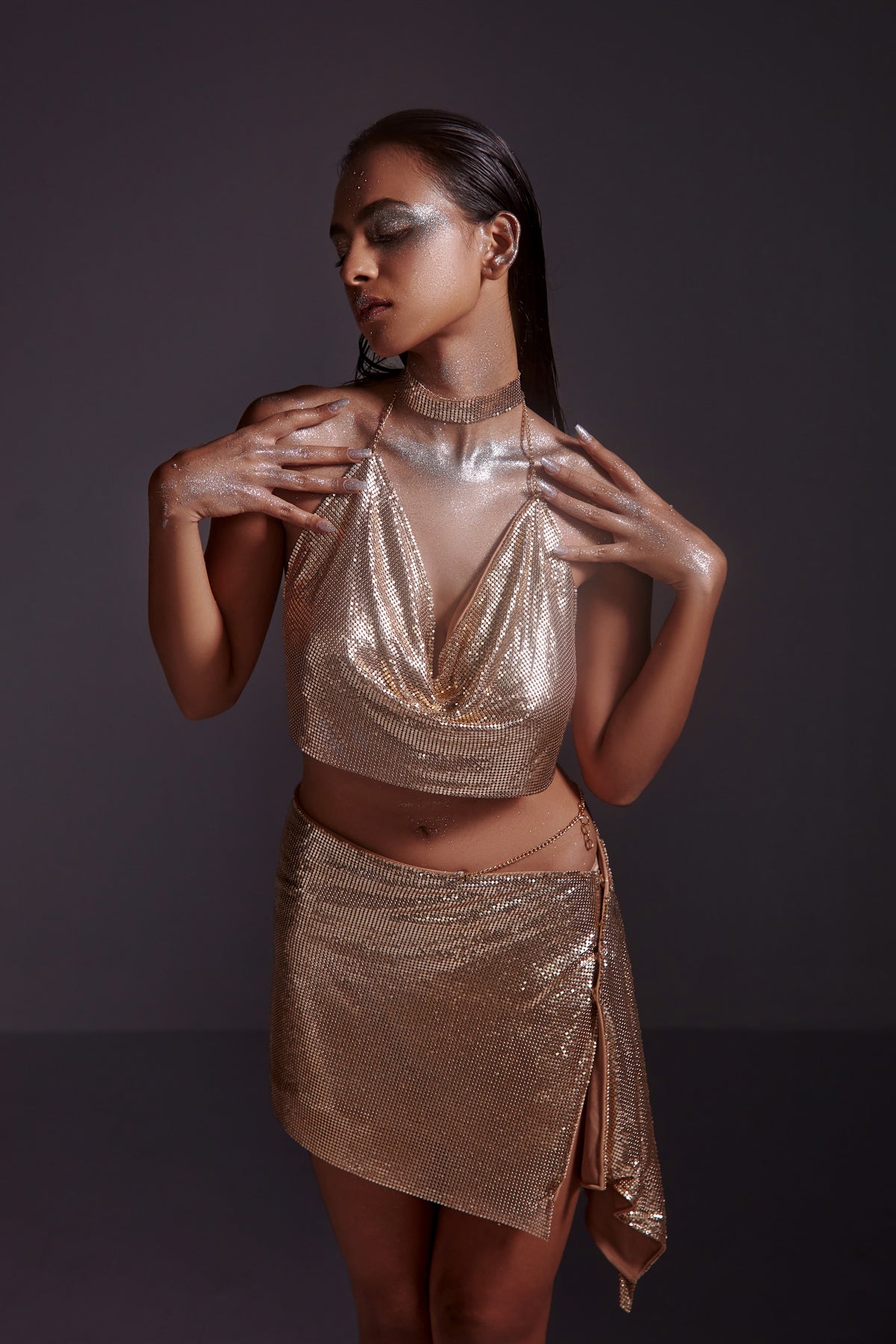 Metallic Chainmail Cowl Top and Wrap Skirt Set