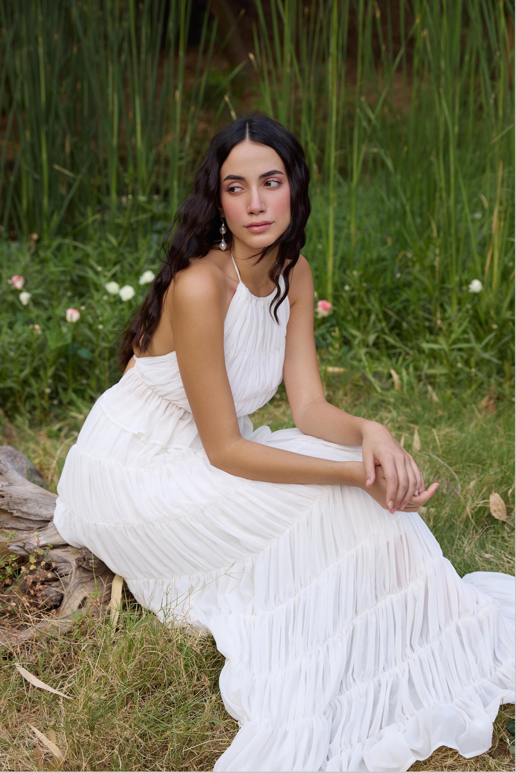 White Gathered Top and Maxi Skirt Set