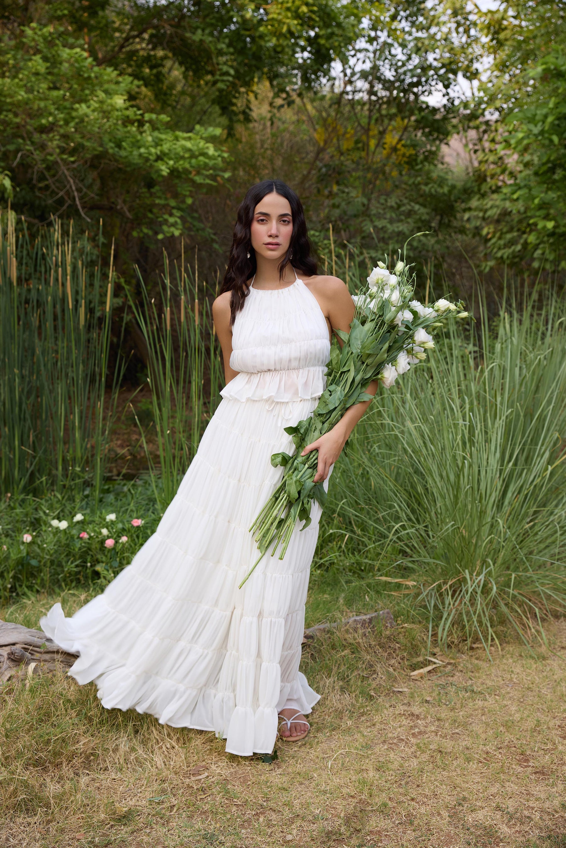 White Gathered Top and Maxi Skirt Set