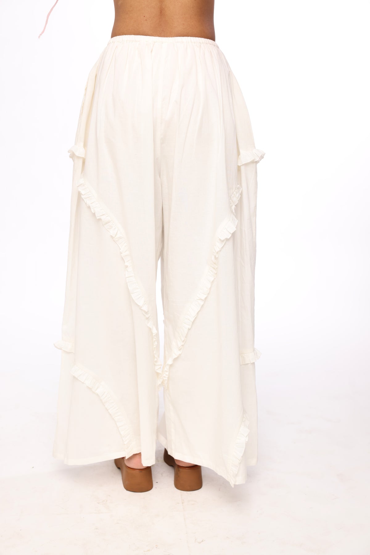 Ivory Boho Ruffle Wide-Leg Pants