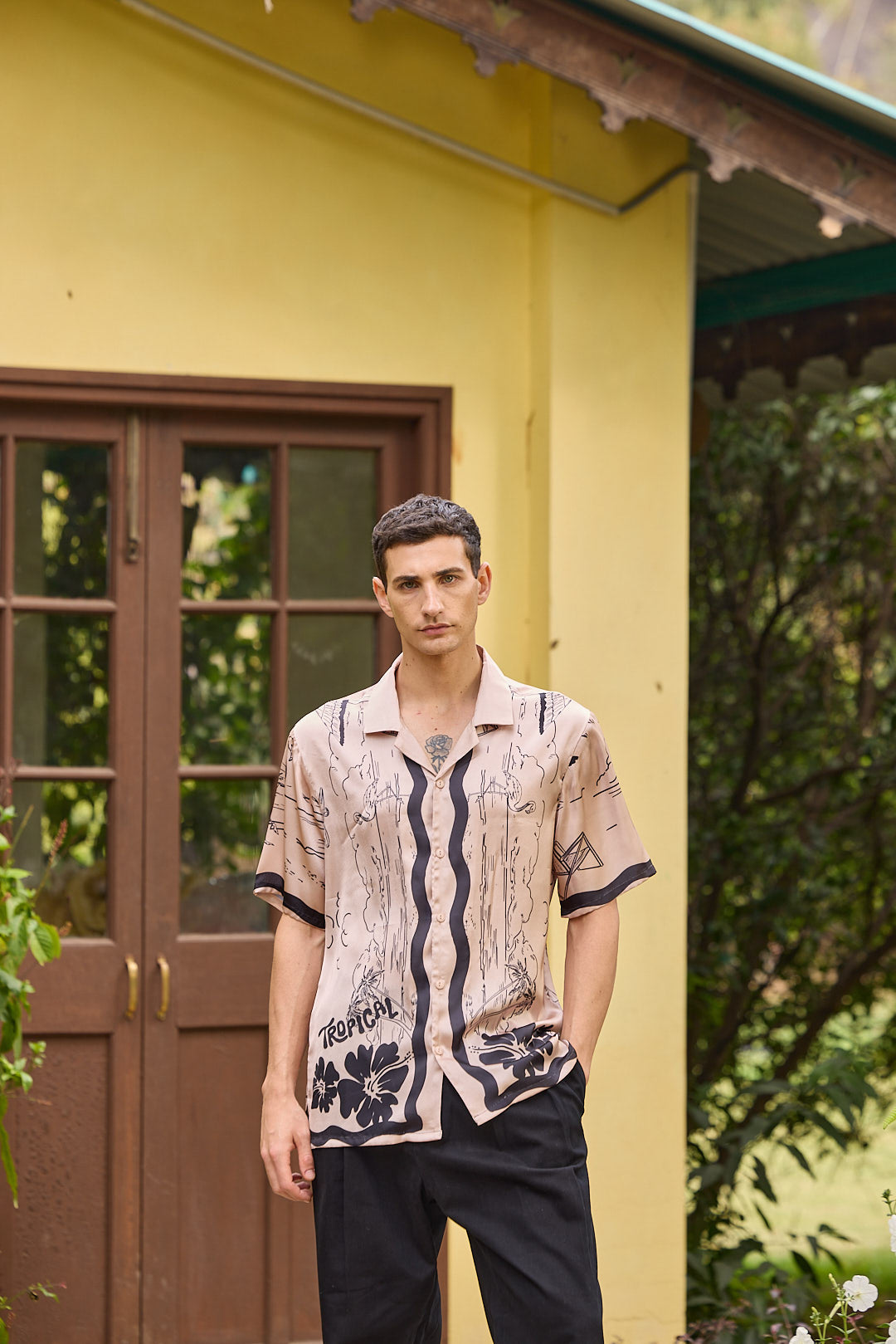 Tropical Hibiscus Printed Camp Collar Shirt