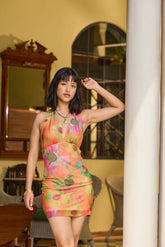 Vibrant Floral Mesh Halter Mini Dress