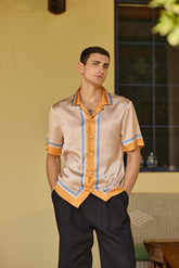 Beige Satin Cuban Shirt with Orange & Blue Stripes
