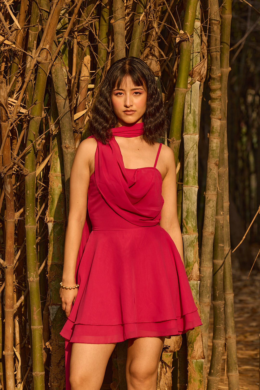Fuchsia Draped Cowl Neck Mini Dress