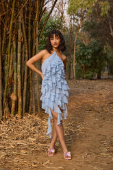 Blue Ruffled Halter Neck Dress